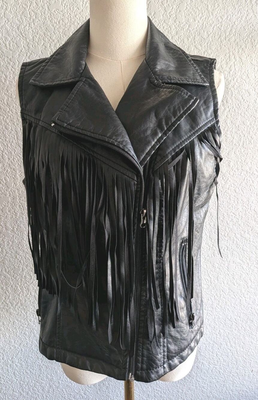 Y2K Wet Seal Black Faux Vegan Leather Fringe Moto Biker Vest L Western Boho